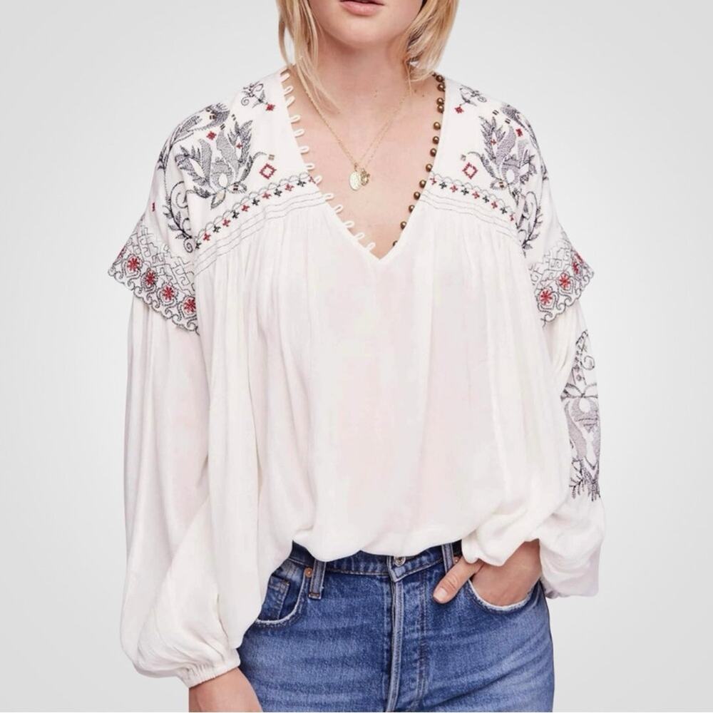 Free People Boho Chic Embroidered V Neck Long Sleeve Pullover Blouse, Size Small